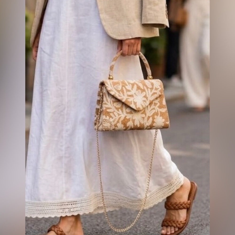 Haute Hippie Floral Cream Embroidered Handbag Beige Bag Chain Wedding Guest Gift